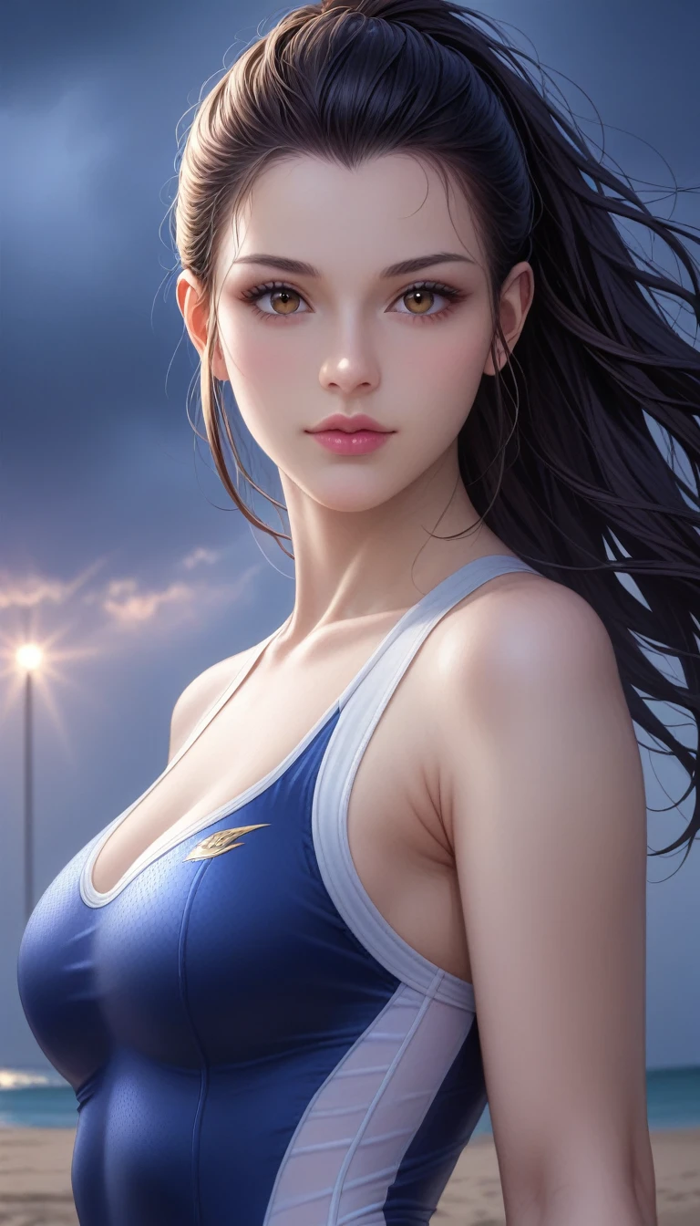 score_9, score_8_superior, score_7_superior, High-resolution CG illustration,A masterpiece in 32K resolution,Highest quality,it is really amazing,Very detailed,Ultra-high resolution,Ultra-realistic,Realistic,Increased depth of field,Cinematic lighting,
Sexy mature Japan woman,
Straight long hair with black hair,Ultra-detailed and beautiful face,Calm and gentle look,Beautiful brown eyes,Translucent white skin,Realistic skin texture,Great proportions,
Sexy high leg swimsuit,
Artistic design,Chic color scheme,Detailed fabric texture,
Dark overcast sky on a dull night,Dark clouds filling the sky,Thundercloud,Coastline at night,Stormy seas,delay々A desolate sandy beach that continues,
Cinematic Angle,