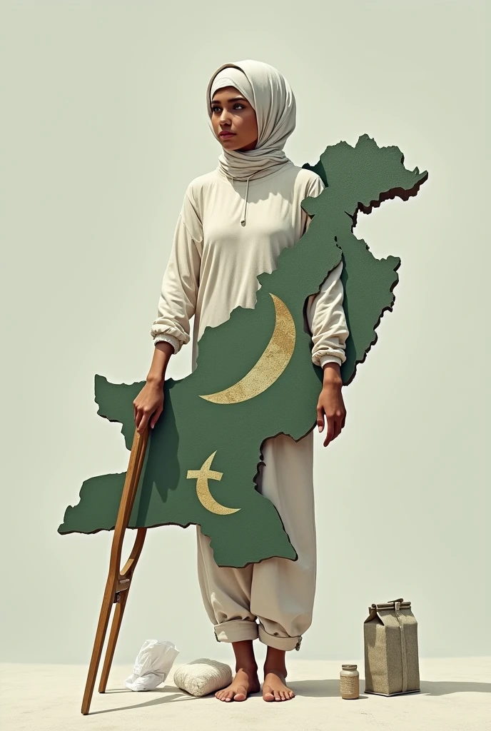 A picture of a map of Pakistan holding crutches and a bandage on her head