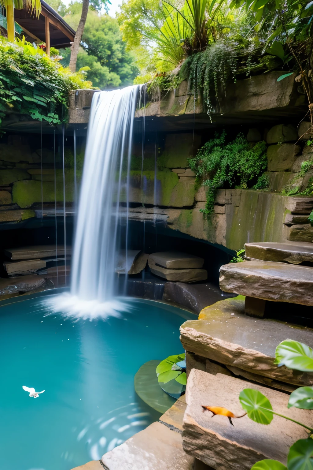 Water flows from the waterfall into the pool below, and birds are flying.