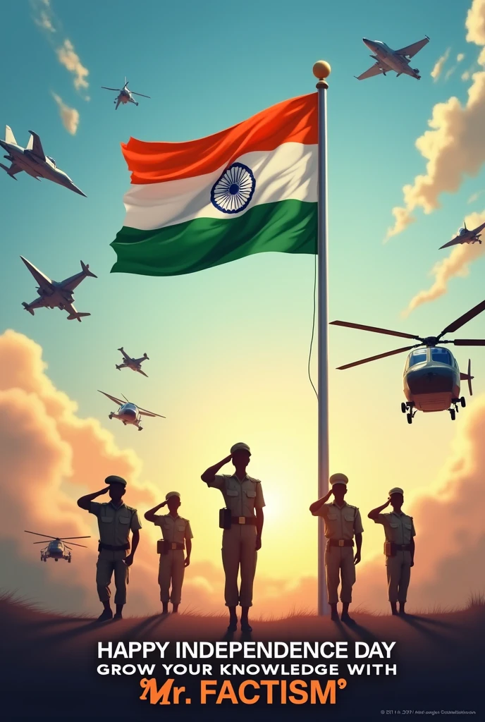 Indian flag with Indian para SF forces salute to flag around choppers , fighter jets , sky also flag tricolour and write this image 'Happy Independence day & Grow your Knowledge with " Mr. Factism " '