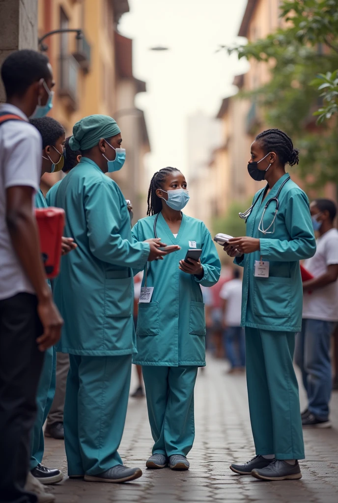 Create images that illustrate the topic IMPLEMENTATION OF STRATEGIES TO ADDRESS HIV IN STREET DWELLERS: A PRACTICAL APPROACH TO IMPROVING PUBLIC HEALTH, with doctors, nurses and street dwellers being screened 