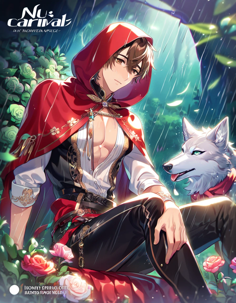 absurdres, highres, ultra detailed, HDR, master piece, best quality, extremely detailed, detailed eyes, Eiden, brown hair, expressive brown eyes, Nu Carnival, solo, sexy man sitting, handsome, horny, lewd, The Red Riding Hood And The Wolf, fantasy clothes, black pants, red hooded cape, spring, flowers, green leaves, magical forest, dark fantasy, rain, night