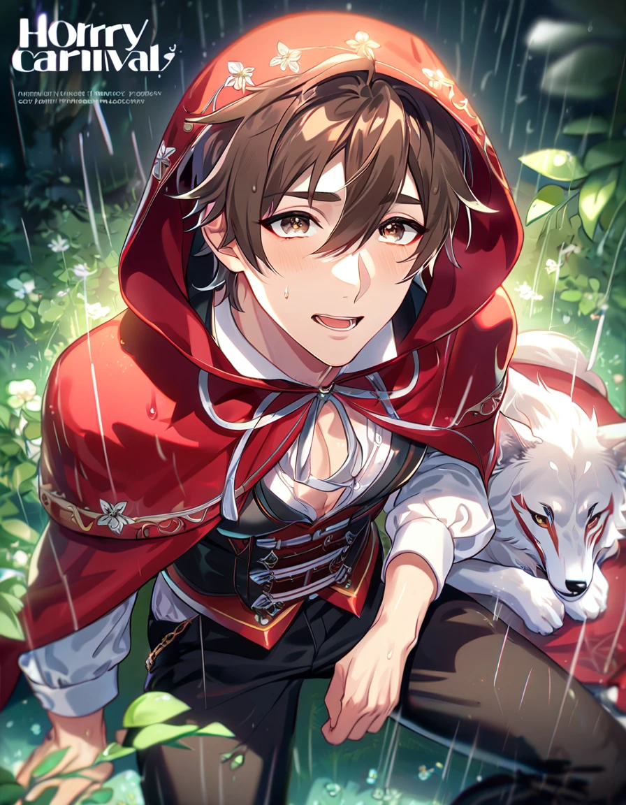 absurdres, highres, ultra detailed, HDR, master piece, best quality, extremely detailed, detailed eyes, Eiden, brown hair, expressive brown eyes, Nu Carnival, solo, sexy man sitting, handsome, horny, lewd, The Red Riding Hood And The Wolf, fantasy clothes, black pants, red hooded cape, spring, flowers, green leaves, magical forest, dark fantasy, rain, night