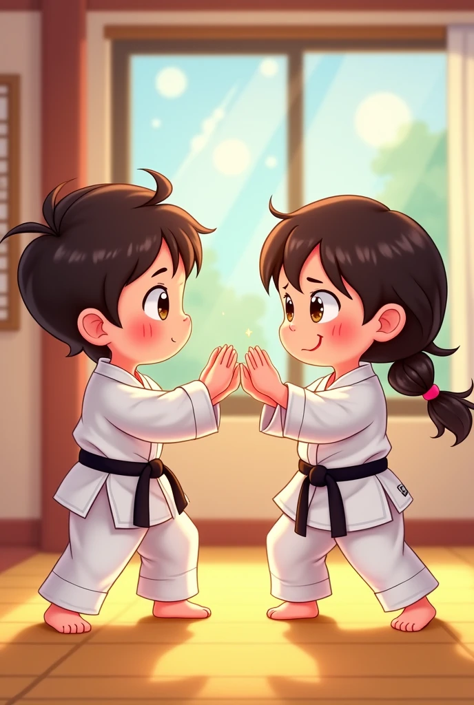 Cartoon of Cute boy and girl doing karate