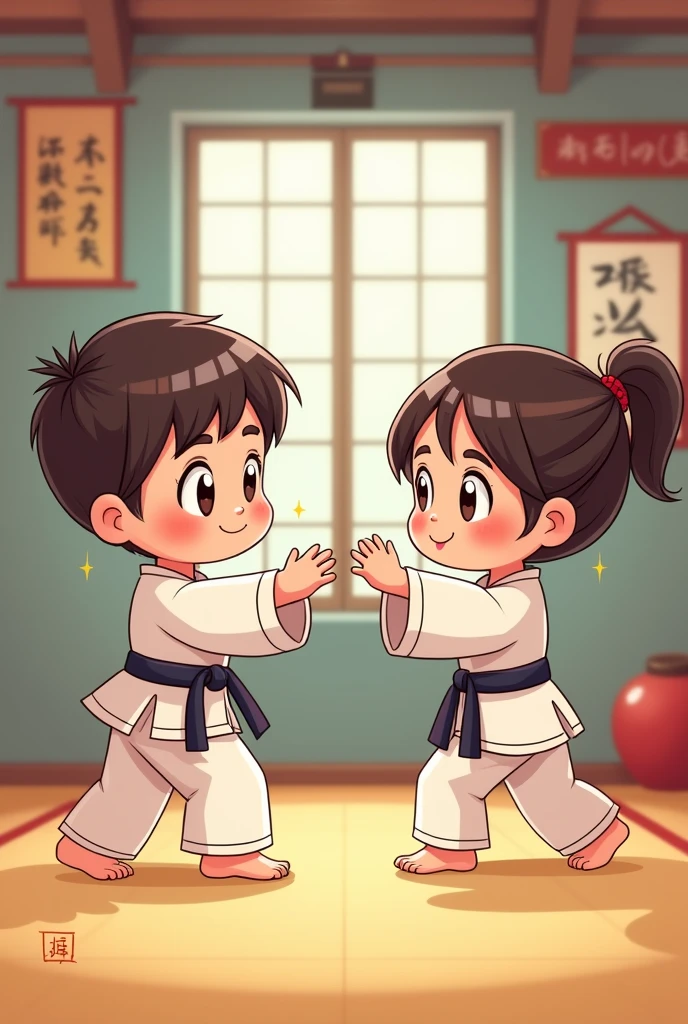 Cartoon of Cute boy and girl doing karate