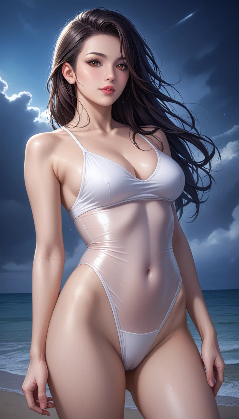 score_9, score_8_superior, score_7_superior, High-resolution CG illustration,A masterpiece in 32K resolution,Highest quality,it is really amazing,Very detailed,Ultra-high resolution,Ultra-realistic,Realistic,Increased depth of field,Cinematic lighting,
Sexy mature Japan woman,
Straight long hair with black hair,Ultra-detailed and beautiful face,Calm and gentle look,Beautiful brown eyes,Translucent white skin,Realistic skin texture,Great proportions,
Sexy high leg swimsuit,
Artistic design,Chic color scheme,Detailed fabric texture,
Dark overcast sky on a dull night,Dark clouds filling the sky,Thundercloud,Coastline at night,Stormy seas,delay々A desolate sandy beach that continues,
Cinematic Angle,