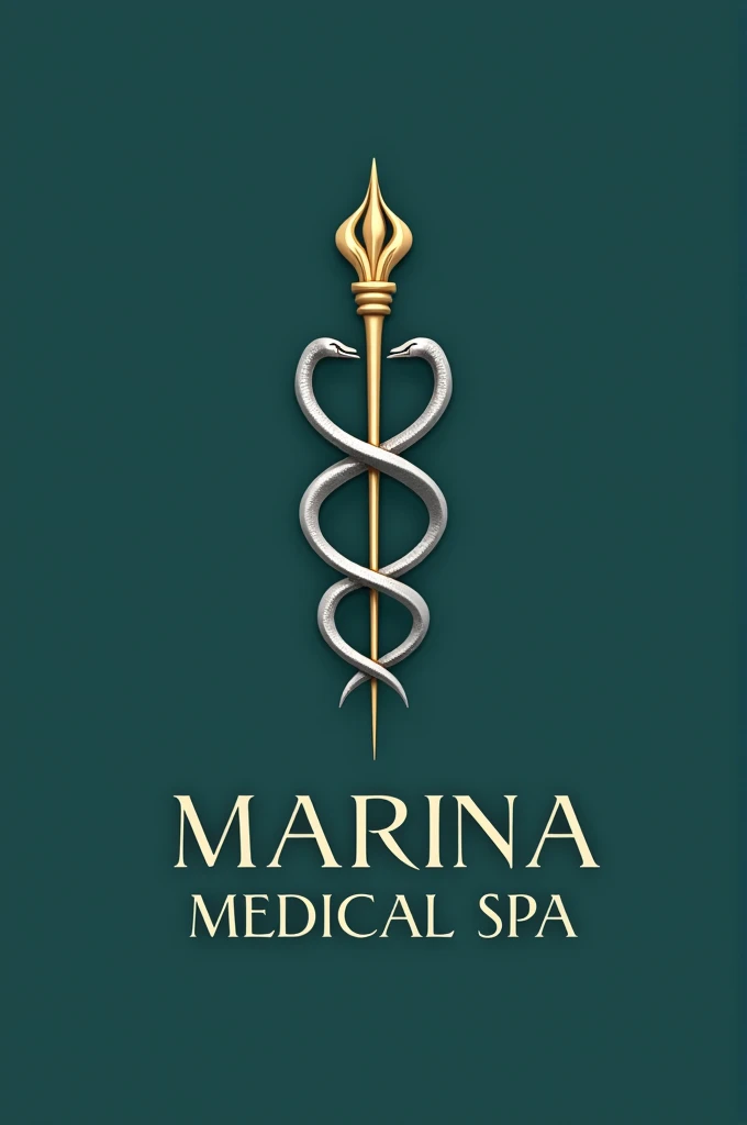 Make me a logo with a minimalist and elegant approach. In the middle, the symbol of Aesculapius, represented by two stylized snakes that gently coil around a thin, polished staff. The staff is golden, radiating a sense of luxury and distinction.
The background is a soft shade of navy blue or emerald green, evoking tranquility and health. The serpent lines are thin and silver, complementing the staff and adding a modern and sophisticated touch.
Below the symbol, the name of the spa is called MARINA MEDICAL SPA is written in an elegant serif font, also in gold, to harmonize with the staff. The typography has a classic but modern style, projecting confidence and professionalism.
On the whole, the logo communicates a feeling of well-being, high quality and exclusive medical care, ideal for a medical spa.