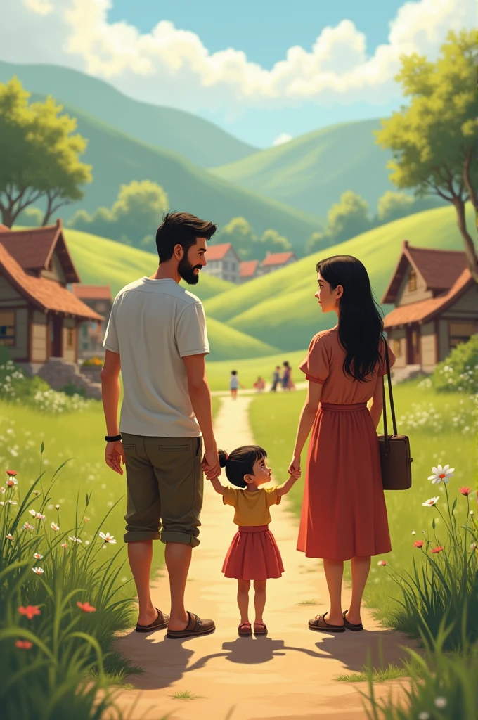 A young family consisting of a husband, wife, and their young daughter standing at the edge of the village.