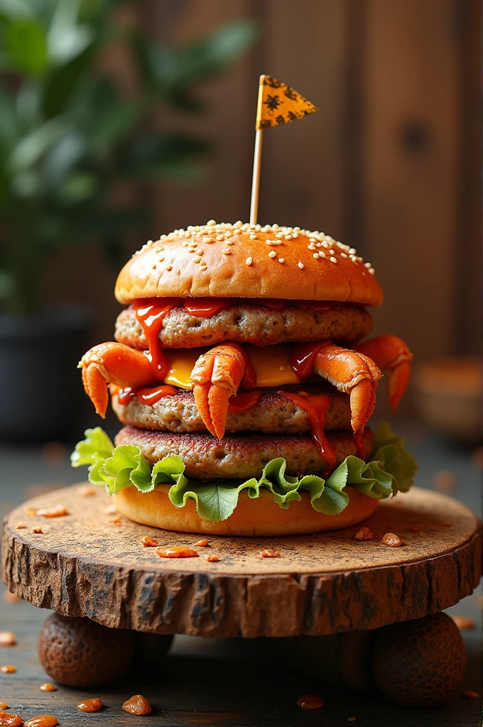 Draw a double triple crab burger on a raft decorated in luxurious 4x4 animal pebble style with extra vibration squeezed out, axle with light grease, make it cry, burn it and let it swim