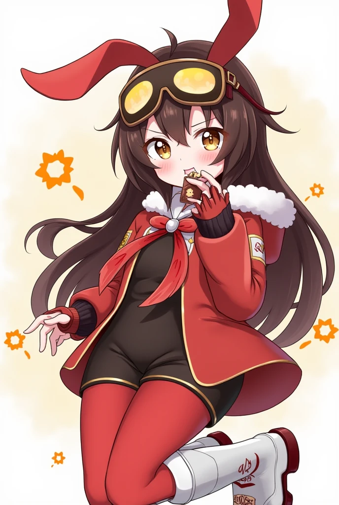 https://genshin-impact.fandom.com/wiki/Amber She have a dark brown hair and wears a red bow that is shaped like a bunny ears, brown pilot goggles, two small bags with leather belts, a red and brown glove, a Pyro sigil emblazoned on the red and orange ribbon, red jacket with long sleeves, a dark brown jumper outfit, and red stock on the white boots has symbols on it. She shyly smiles blushing. She have long dark brown hair! She is 18 years old. She hold a chocolate bag.