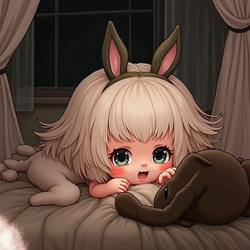 masterpiece,best quality,ultra-detailed,1girl,Cute baby,depth of field,stuffed toy,on the bed,curtains,hat,animal ears,