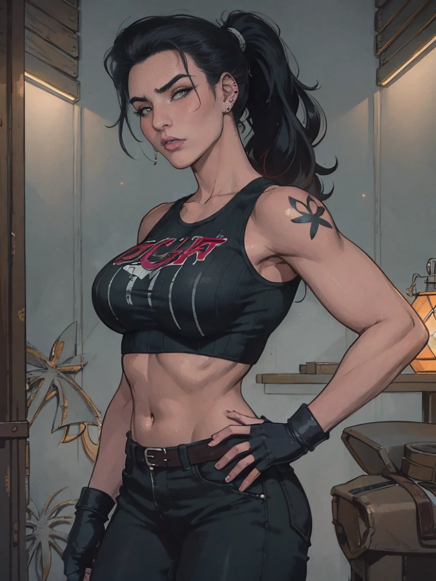 Extremely busty thin and toned brunette death metal girl, strung out, sleepy, stoned, fair skin, big hair, huge ponytail, hair pulled back, soft face, athletic, heavy makeup, piercings, tank top, crop top, studs, black pants, boots, fingerless gloves. black butterfly tattoos. standing in a dark alley at night. Outdoors, exterior, Nighttime. neon lights. (detailed background.) Grim. sly, bitter, evil, mean, angry.