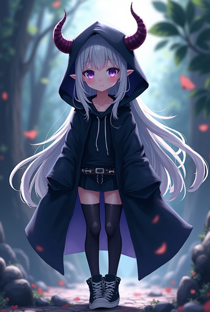 Girl ; black hood with horns on top; black stockings and sneakers; white long hair; elf ears; violet-blue eyes.   Best quality. Аниме 2D