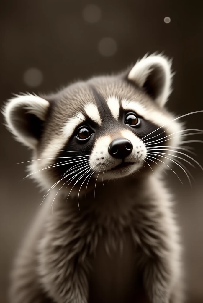 Close-up of a surprised raccoon, Starry sky in the background、Monochrome、Sepia、A child raccoon
