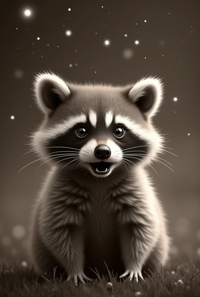 Close-up of a surprised raccoon, Starry sky in the background、Monochrome、Sepia、A child raccoon