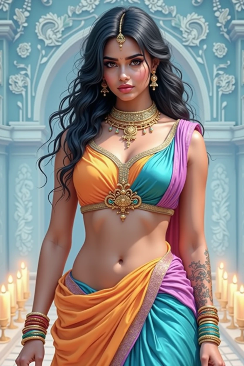 (best quality,highres,realistic:1.37)india's most beautiful lady,digital art wonders,princesscore,realistic historical fiction,charming detailed eyes and lips,fierce expression,historical attire,richly embroidered clothing,gold jewelry,dark wavy hair cascading down her back,flowing colorful silk saree,ornate palace in the background,historical architecture,detailed hand gestures,light amber candlelight,soft shadows and highlights,delicate facial features,meticulous attention to detail,subtle nuances of emotion,depth and richness in colors,expressive eyes that convey a sense of longing and strength,royal elegance and regal pose,graceful and confident stance,traditional henna patterns on her hands and feet,dusky complexion that glows in the warm light,realism with a touch of fantasy,impressive artistry,digital brushstrokes,soft and dreamlike ambiance,ethereal beauty,rich cultural heritage,indian independence day and folklore blended with contemporary digital techniques,masterpiece painting,pristine skin complexion,gorgeous traditional makeup,ornamental hair accessories,vibrant colors with a touch of darkness,dark white and light amber color palette,evocative and captivating art that tells a story,attention to historical accuracy while adding a touch of imagination,detailed background with architectural elements and intricate designs,deep emotional connection with the viewer.,big breasts, earrings 