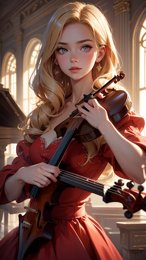 hyper realistic image of the highest quality, the perfect masterpiece, perfect work of art, 8k, a beautiful young woman in a red dress, dress with a low neckline, blonde hair, upturned nose, is playing the violin on a bright stage, realistic oil painting, detailed face, detailed hands, chiaroscuro lighting, dramatic lighting, warm color tones, muted colors, elegant, cinematic, intricate details, photorealistic, 8k, high resolution, best quality, masterpiece, annie leibovitz style photography, ilya kuvshinov style, soft light, studio light, (intricate details), majestic, aesthetic