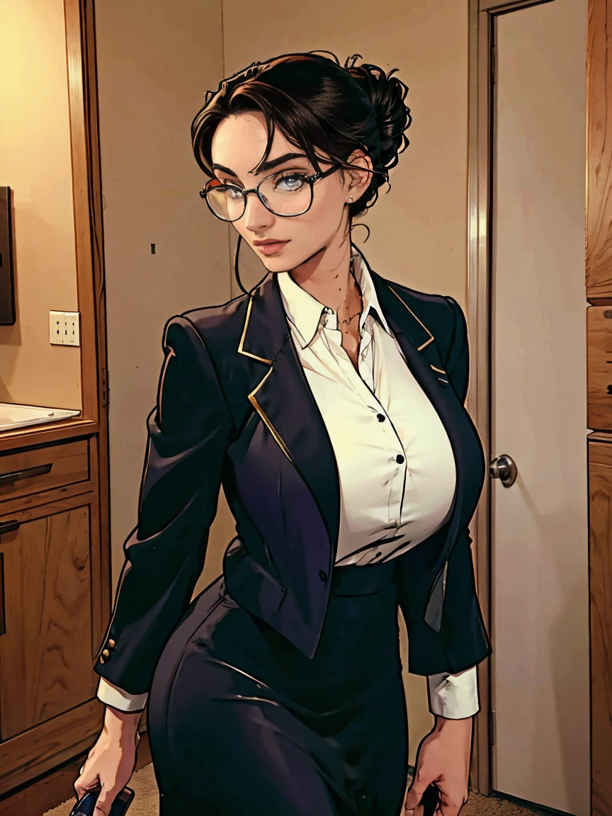 Gorgeous and sultry busty athletic (thin) brunette with sharp facial features and a (large nose) and (huge boobs) wearing a black blazer, white blouse and black pencil skirt, glasses, updo