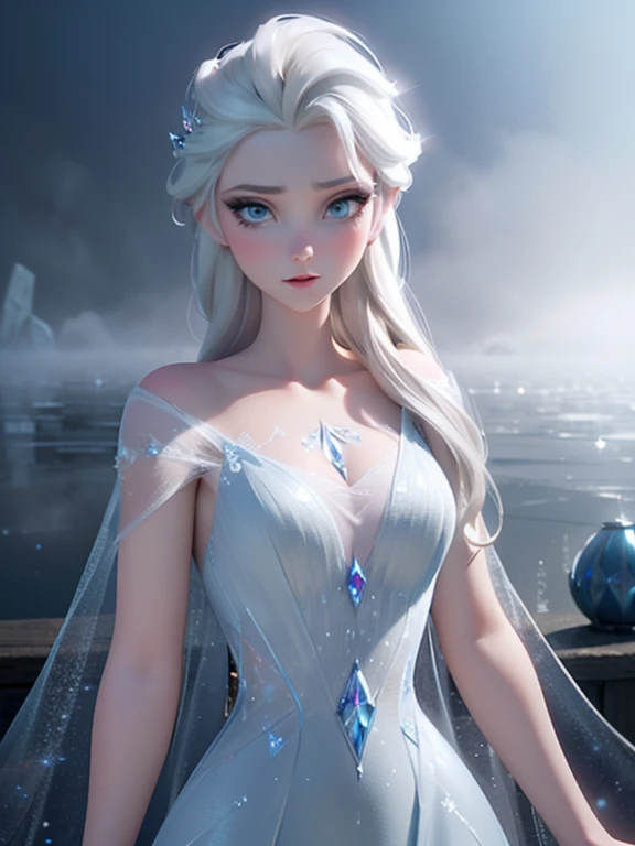 (((Foggy Background:1.3, fantastic mist, Mysterious Fog:1.3))), elsa of arendelle, long hair, white cape, blue ice dress, snow, ice, Crystal Castle, posing like a model, very beautiful face, crystals, dreamy and fantastical atmosphere, Ultimate beauty, Looking at the viewer, Winter Scenery, ((masterpiece, best quality, Highly detailed CG, high resolution)), 4k wallpaper