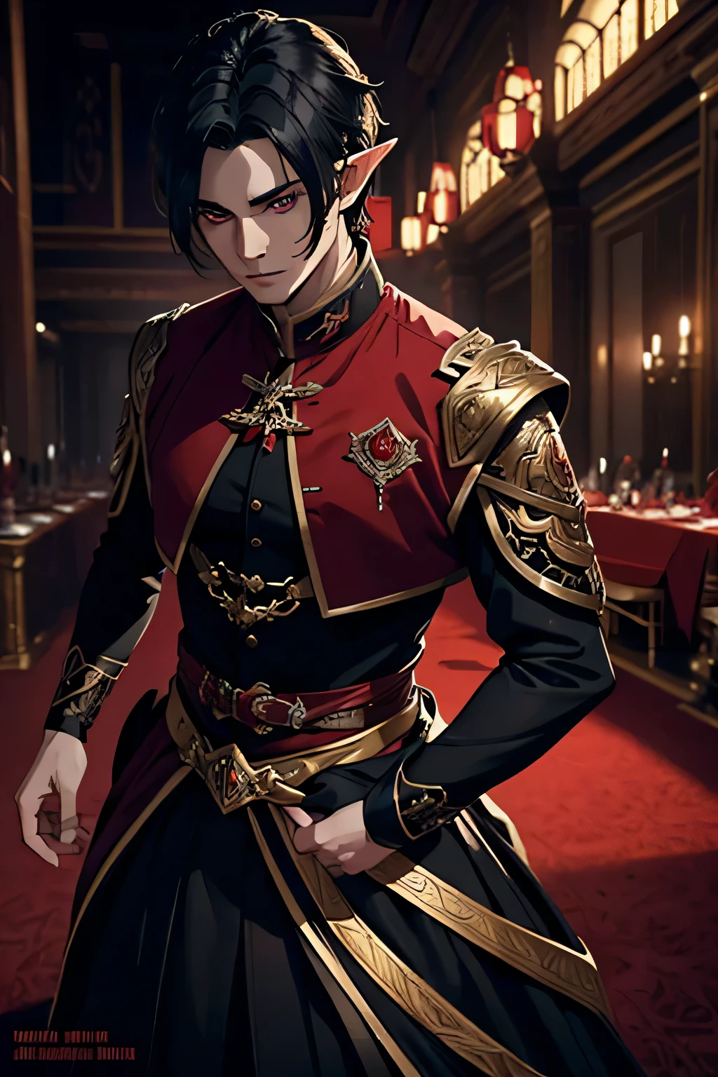 a male elf noble, highly detailed face, short black hair, red irises, dressed in black and red regal clothes, physically strong, banquet hall background, cinematic lighting, dramatic atmosphere, fantasy character, masterpiece, 8k, highly detailed