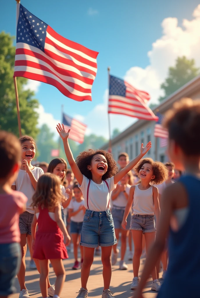 Independence day flags people children school