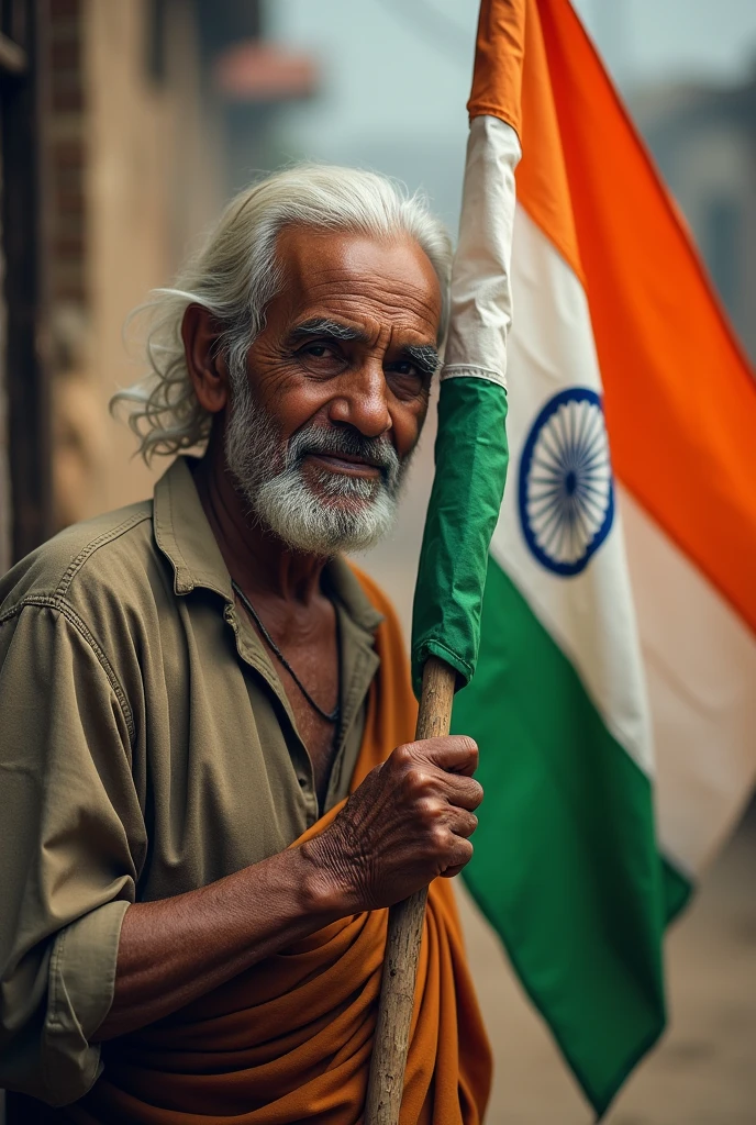 The Indian flag in an old man's hand