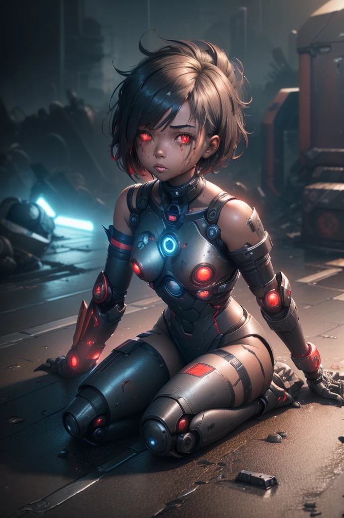 1girl, Female robot, superheroine, (((damaged android girl))), (((rusted))), burned, (((battle damage))), ((((mising left arm)))), (((exposed inner frame))), ager, (((black with red accents extremely damage robotic cyber armor))), (blue ripped cape), (red shinning core in the chest), (black mechanic gloves), (Black armored boots), (((dark skin))), (shinning red eyes), ((((missing right eye)))), ((messy and dirty gray short shoulder length hair)), wide hips, thick thighs, narrow waist, ((laying on the ground)), ((futuristic scrapyard background)), (((at night))), (((rainning))), (((storm))), (((only one character))), (((alone))), (((solo)))