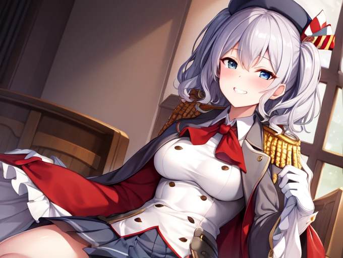 (masterpiece, Highest quality:1.2),Grin,One hand touched the chest.,figure,8k,High resolution,1 person,Lonely,Portraiture,blush,Gray Hair,blue eyes,curl,Double Tail,crane plum,beret,Epaulettes,Ruffle sleeves,Jacket,Large Breasts,Long sleeve,,mini skirt,Pleated skirt,Red tie,White gloves,anchor,