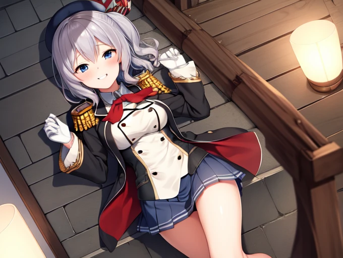 (masterpiece, Highest quality:1.2),Grin,One hand touched the chest.,figure,8k,High resolution,1 person,Lonely,Portraiture,blush,Gray Hair,blue eyes,curl,Double Tail,crane plum,beret,Epaulettes,Ruffle sleeves,Jacket,Large Breasts,Long sleeve,,mini skirt,Pleated skirt,Red tie,White gloves,anchor,