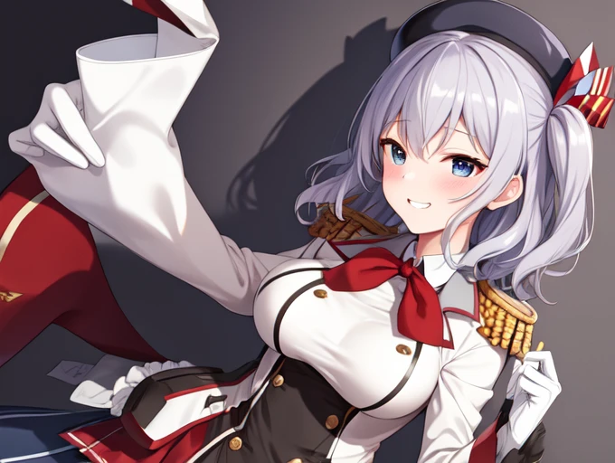 (masterpiece, Highest quality:1.2),Grin,One hand touched the chest.,figure,8k,High resolution,1 person,Lonely,Portraiture,blush,Gray Hair,blue eyes,curl,Double Tail,crane plum,beret,Epaulettes,Ruffle sleeves,Jacket,Large Breasts,Long sleeve,,mini skirt,Pleated skirt,Red tie,White gloves,anchor,