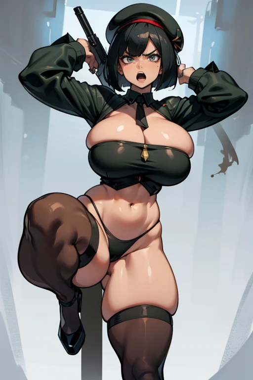 thick hips, thick thighs, platform heels, bandeau top, c string, huge breast, thin waist, bob cut hair, weapon, tanned skin, gun, angry look, scream, thick body, fitness, stockings, beret,