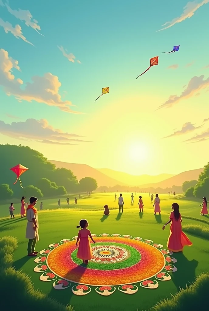 Picture a serene and picturesque setting: an open field at dawn, where traditional Indian motifs like Rangoli (intricate patterns) are displayed on the ground. Families and friends are gathered, dressed in vibrant traditional attire, participating in joyous activities such as flying colorful kites, playing traditional instruments, and sharing festive foods. A backdrop of lush greenery, with gentle hills and a clear blue sky, adds to the peaceful atmosphere. This scene highlights unity, heritage, and celebration, embodying the spirit of independence through cultural appreciation rather than political symbolism.