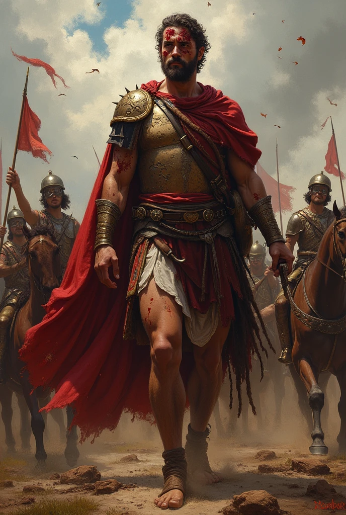 King Alexander is wounded, his horse fallen, yet he continues to fight with a determined expression. Blood comming out form his face