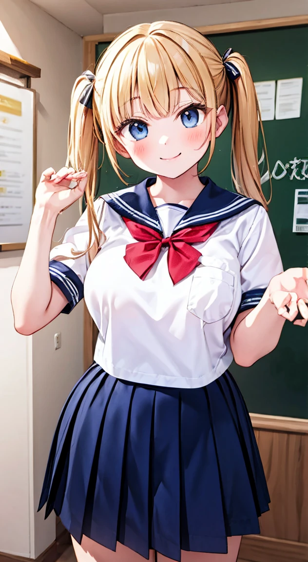 Highest quality,masterpiece,One person,Blonde,Twin tails,Schoolgirl uniform,Short sleeve,Large Breasts,smile,