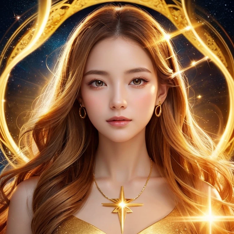 Close-up of a woman wearing a golden dress、Front facing、The background is shining with a halo.、Abstract images, Beautiful Celestial Magician, Heavenly Goddess, Golden ethereal light, Fantastic fantasy, Beautiful Fantasy Empress,, Goddess of space and time, Shining golden aura, Goddess of Light, A surprisingly young and mysterious person,Brown hair color