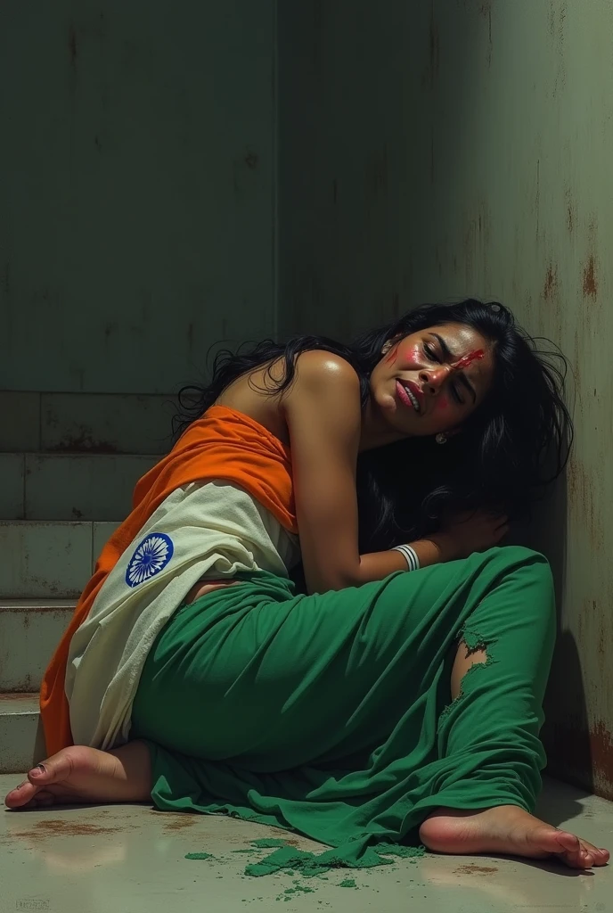 Create an image of female in saree in Indian flag color which is torn and the female is crying very hard falling on the floor
for help for being sexually assaulted