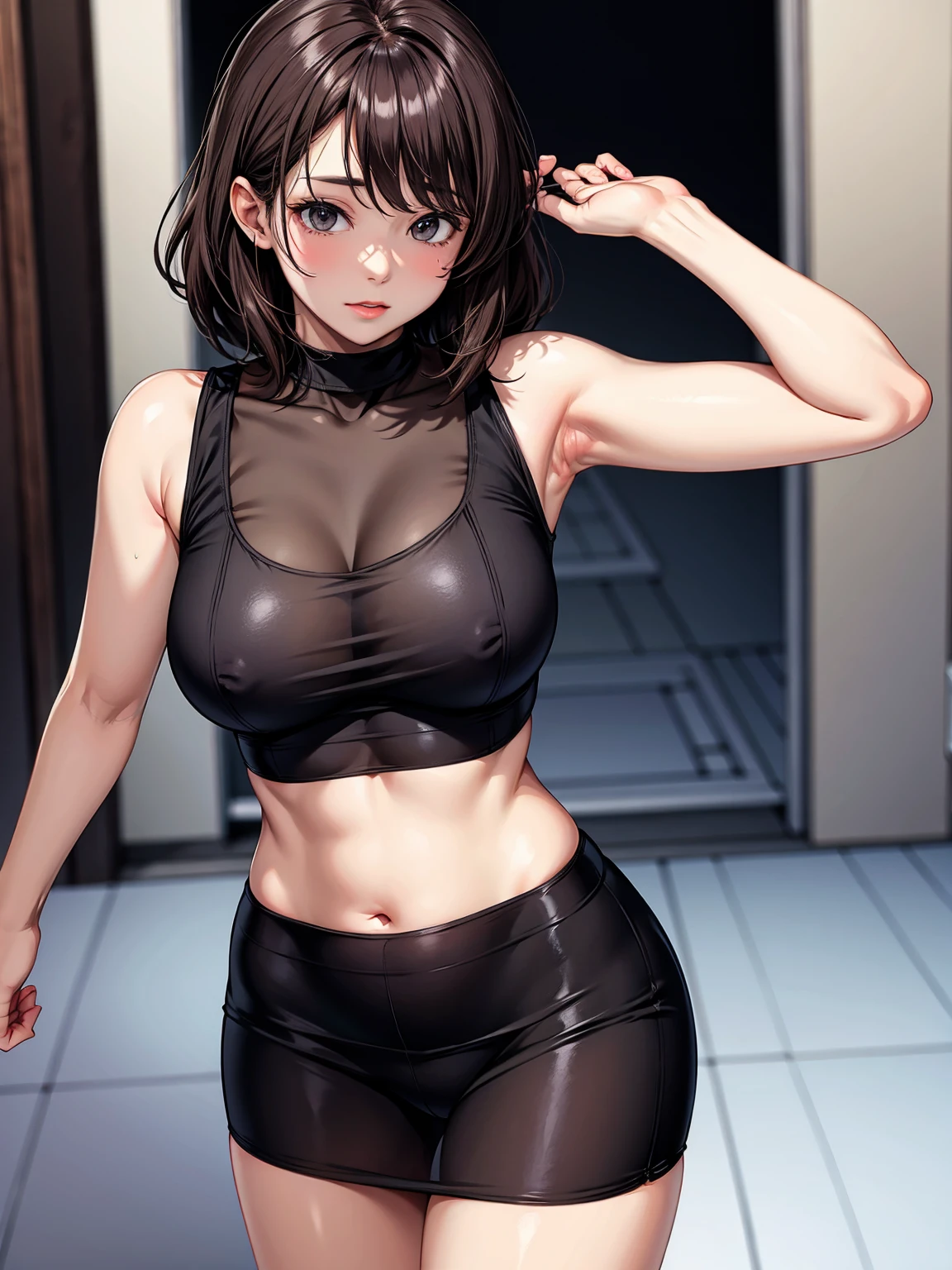 (1 MILF Name: Haruka Kobayashi - 40 Year Old), using Grey Sweaty Crop top see through.