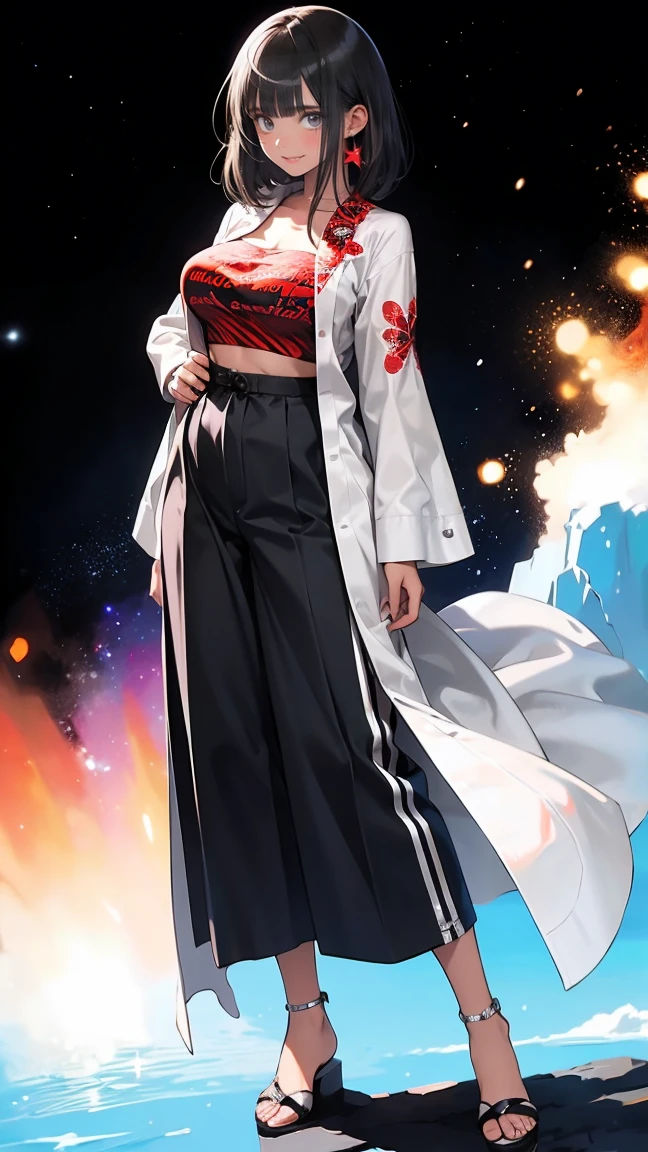 anime illustration, ((((highest quality)))), (((Ultra-precision CG 16K))), (((masterpiece))), (((Very detailed))), (((Extremely detailed))), (((Black outline:1.3, Written boundary depth:1.3 , Written soft outline, sharpness))), Maximum clarity and sharpness, Multilayer Texture, Surface Shading, Cinematic lighting, Beautiful details sparkle ,Perfect Proportions, Limited to one woman, BREAK accurate, Anatomically correct, Highly detailed face and skin texture, drawn in detail, Highly detailed facial and skin texture, Detailed eyes, beautiful hair, Beautiful Japanese Idol face, Beautiful and beautiful eyes, Beautiful body, Beautiful breasts, Beautiful thighs, Beautiful legs, Beautiful fingers, (Beautiful views) , skinny body, ((Beautiful Skin)), ((Skin Texture)) BREAK breast enlarged, medium Breasts, rocket breasts, (((perky breasts))), ((sagging breasts)), (covered nipples), slender waist, ( narrow eyes, smiling, blush, determined expression, sweaty , Heavy breathing,) , (streaked hair, hair intakes, colored inner hair, ) BREAK (((wearing printed sexy oversized shirts , wearing wide-leg-pants, breasts is covered by outfit, cosmic effects ))) , wearing earrings, (((tanned skin, tan lines))) , BREAK ( stick breast out, bending over,  under the cosmic sky on the cosmic sea ),(((looking at viewer, super detailed background , ))), BREAK (((full body shot, looking at viewer, )), (natural make), random angle , random situation , pinup magazine pose, 