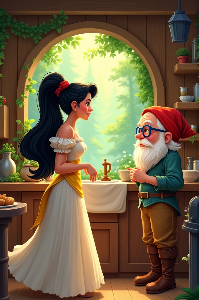 A princess with long black hair tied in a ponytail and a red ribbon in the kitchen of a wooden house in the forest.. she wears a white dress,with a yellow belt around his waist. You are talking to a dwarf wearing blue and red glasses 