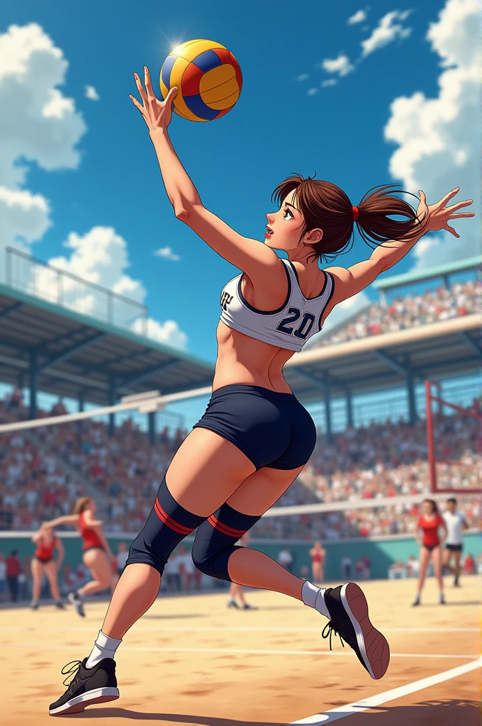 Anime volleyball player with a huge butt, with tight leggings, jumping to save the ball from behind