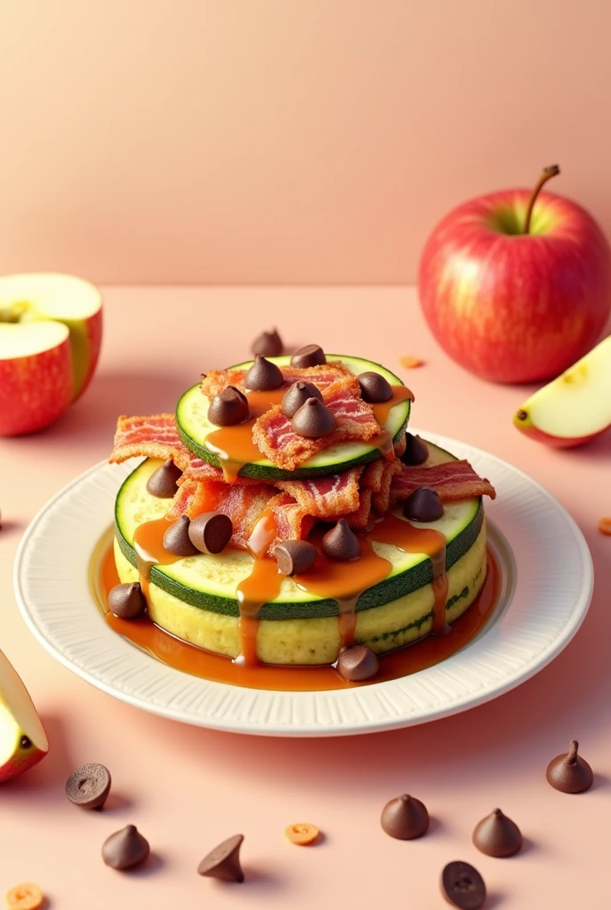 Zucchini, bacon, chocolate chips, pastel, caramel syrup, apples