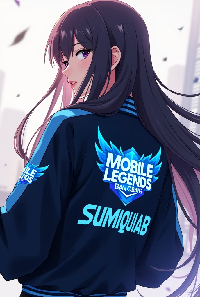 Anime woman with long hair no bangs, facing back with side head wearing jacket with logo of mobile legends bang bang and with my last name SUMIQUIAB with lining blue