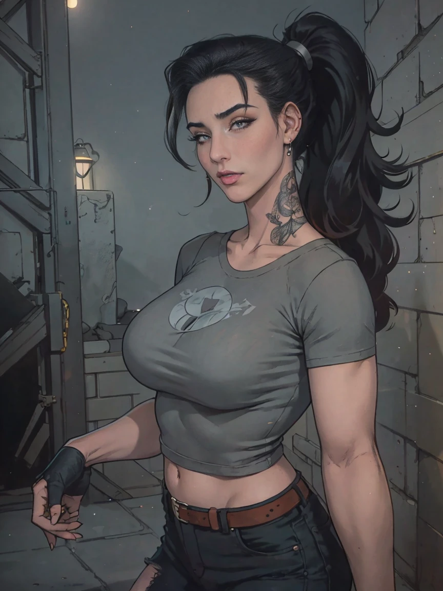 Extremely busty thin and toned brunette death metal girl, strung out, sleepy, stoned, fair skin, big hair, huge ponytail, hair pulled back, soft face, athletic, heavy makeup, piercings, grey t-shirt, grey tee shirt, studs, black pants, boots, fingerless gloves. black butterfly tattoos. standing in a dark alley at night. Outdoors, exterior, Nighttime. neon lights. (detailed background.) large breasts.