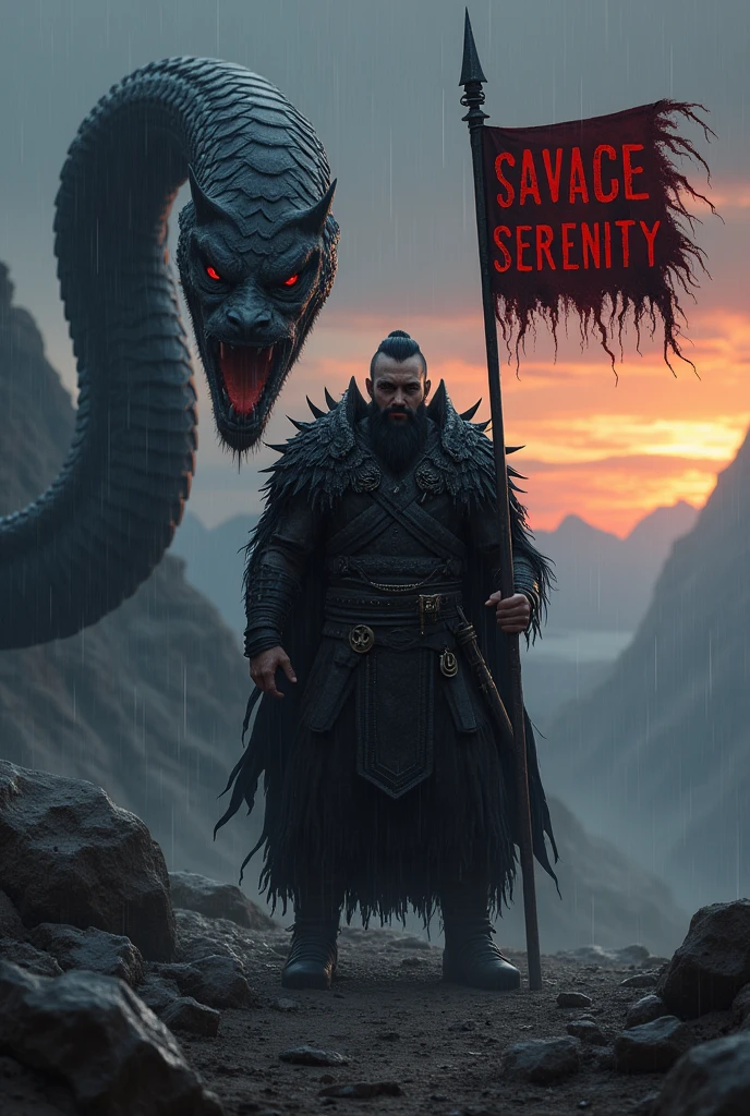 There is a warrior he 17 years young boy and lean body six packs and the warrior is in red eyes and laughing scary hard and have lond beard small mustache in black colour while he was about to die in balck clothes spikes and flying which look dangerous and dark atmosphere and slightly raining he is hold a spear which attached to a flag in the flag SAVAGE SERENITY is written in English in red blood colour in darky fonts and he's left side a colossal bigger than a mountain snake in balck colour simple snake like structure is there which protects the warrior and in background a mountains in sunset mode The image should be quite far to see A SNAKE IN THS LEFT SIDE in open mouth