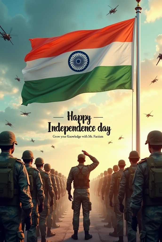 Indian flag with Indian para SF forces salute to flag around choppers , fighter jets , sky also flag tricolour and write this image ' "Happy Independence day " Grow your Knowledge with " Mr. Factism " ' this image ratio is 1:1