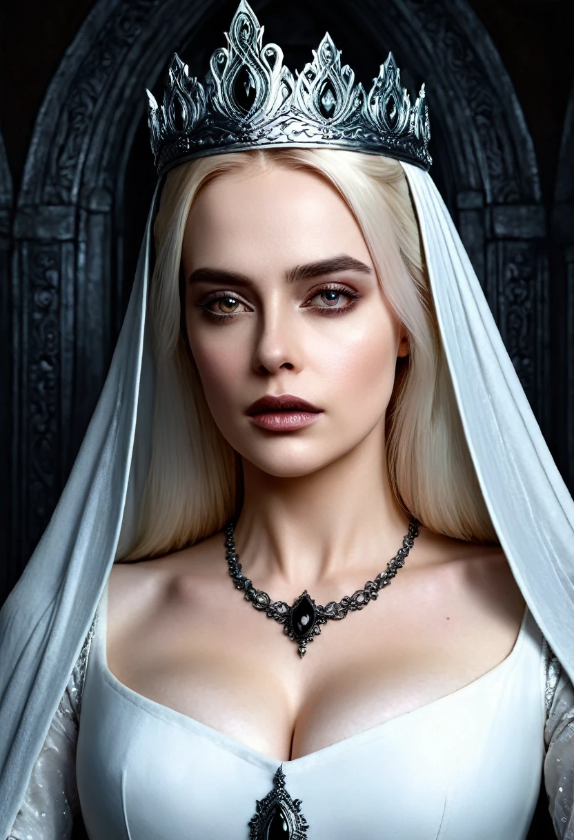 a high quality professional photo of "The White Queen" with dark eyes, grimdark,fantasy art, dark fantasy, powerful woman, mysterious, gothic, digital painting, detailed, haunting vibes, magic, 8k resolution