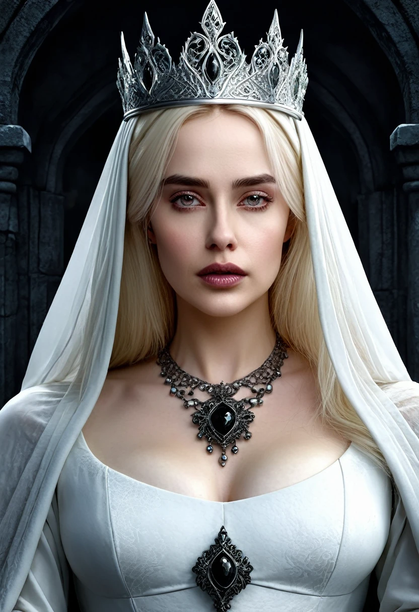 a high quality professional photo of "The White Queen" with dark eyes, grimdark,fantasy art, dark fantasy, powerful woman, mysterious, gothic, digital painting, detailed, haunting vibes, magic, 8k resolution