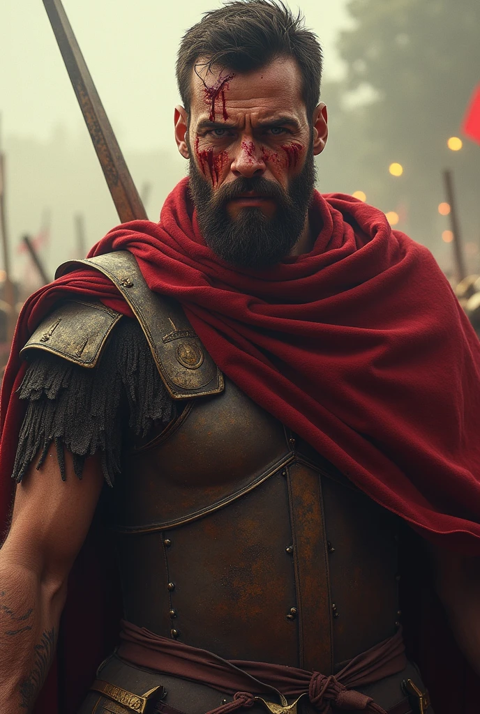 King Alexander is wounded, his horse fallen, yet he continues to fight with a determined expression. Show Blood comming out form his face