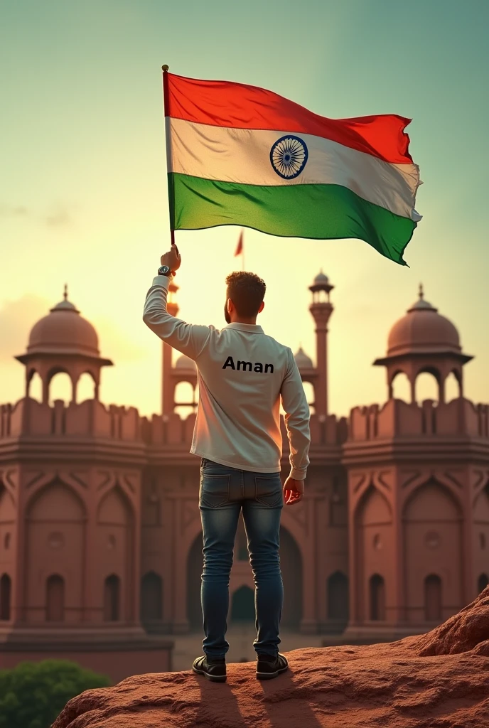 man standing on lalkila with indian flag aman name written on shirt