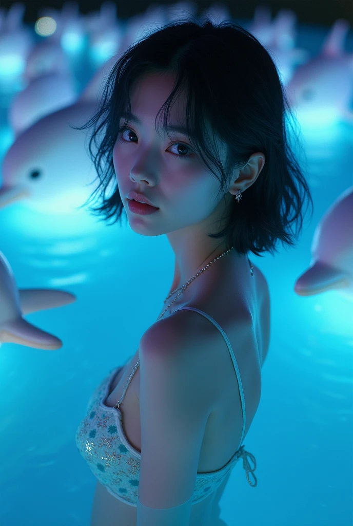ultra HD,32k,close-up face,en glowing huge dolphins, night,pool,RAW photo,ultra realistic photo,beautiful Japanese idol,kawaii,vivid, grow, 16yo,big eyes,detailed skin,clavicle,wavy and medium hair,detailed bikini with geometrc print,floating in pool,necklace,earrings,detailed shadow,gravure,wistful smile, looking back,colorful lighting